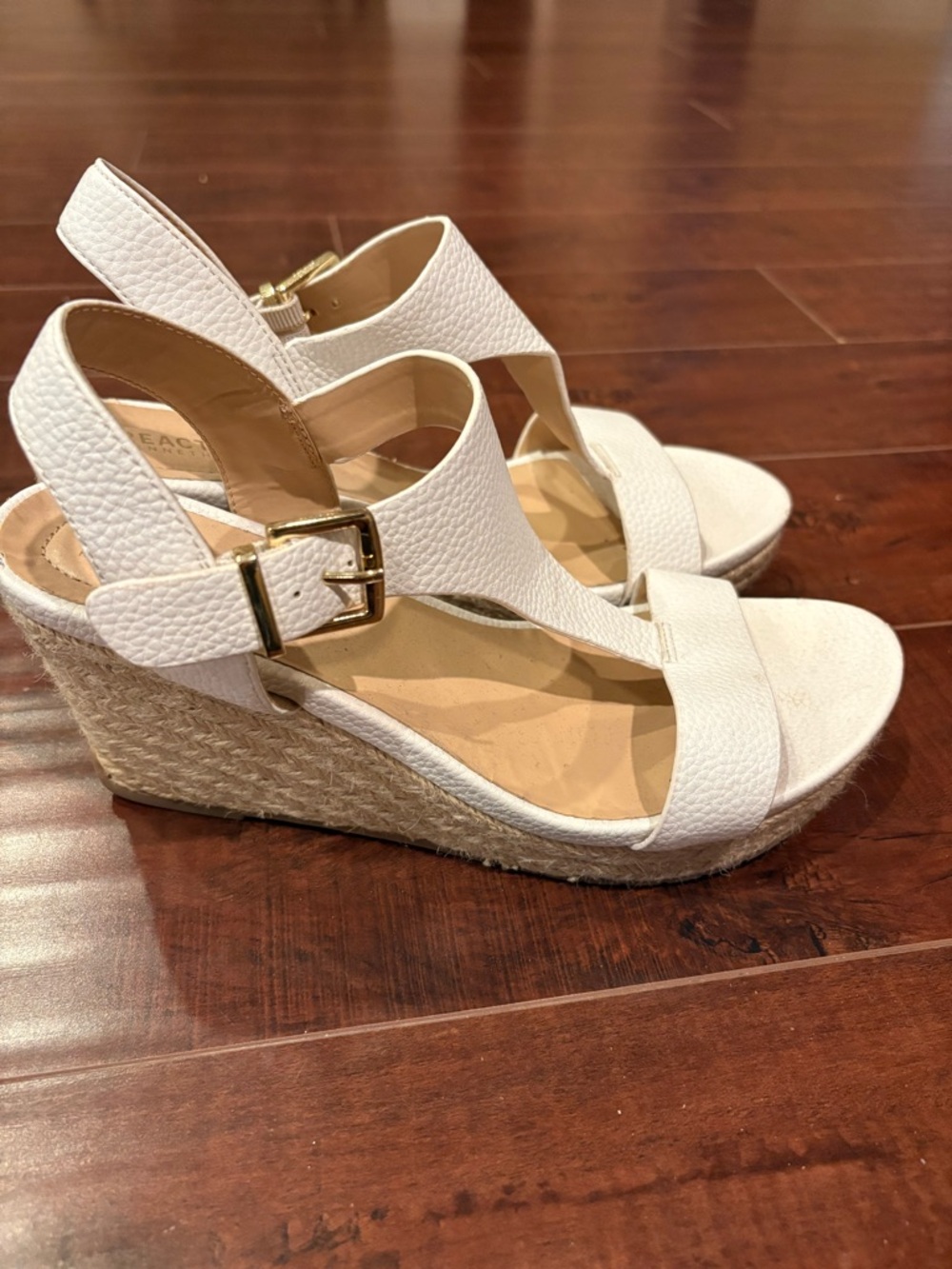 Kenneth Cole White Espadrille Wedge Sandals with Gold Buckle